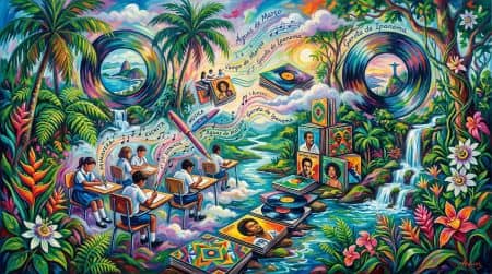 collage of brazil, students writing, and music albums