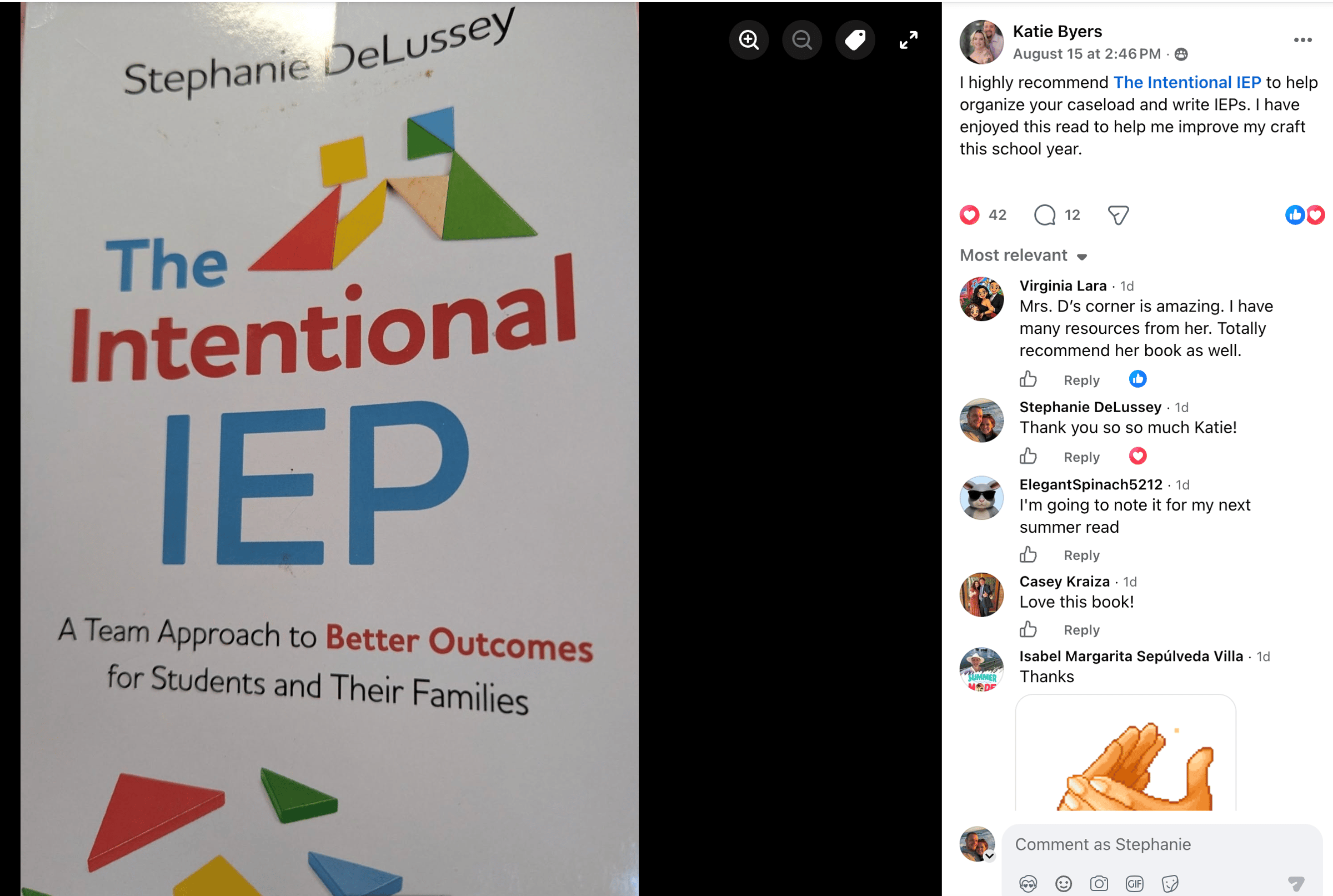 The Intentional IEP book screenshot post from Facebook