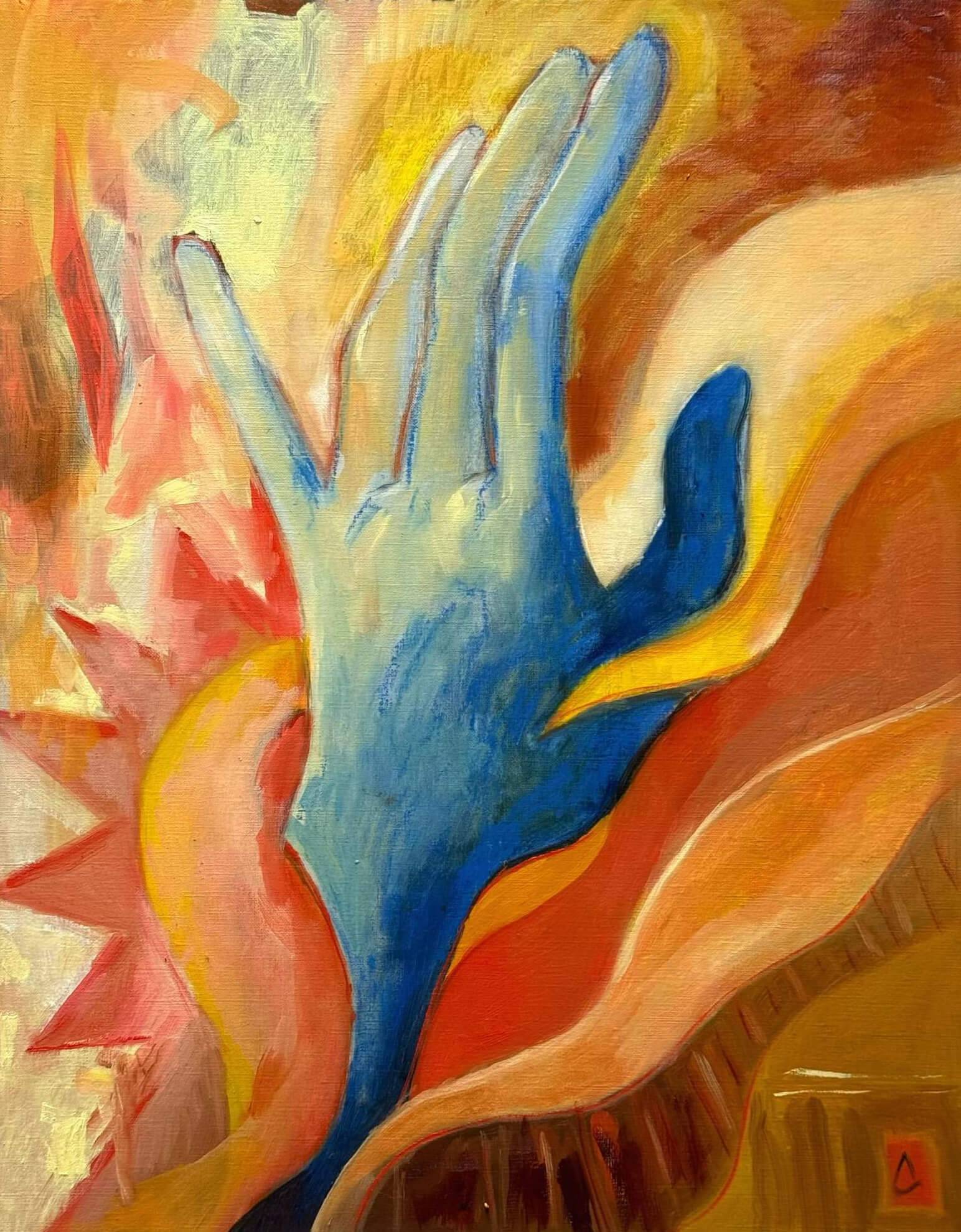 Blue Hand (Becoming) — Siméon Artamonov, oil on paper, 50 × 40 cm, 2025