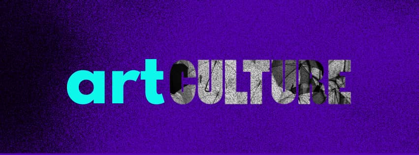 Deep purple background banner with grainy noise texture. The words art culture written in bright turquoise text and graining capital letters.