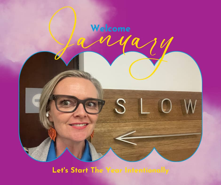 "Welcome January"Text over a picture of Anne Gray standing infront of a SLOW lounge sign board