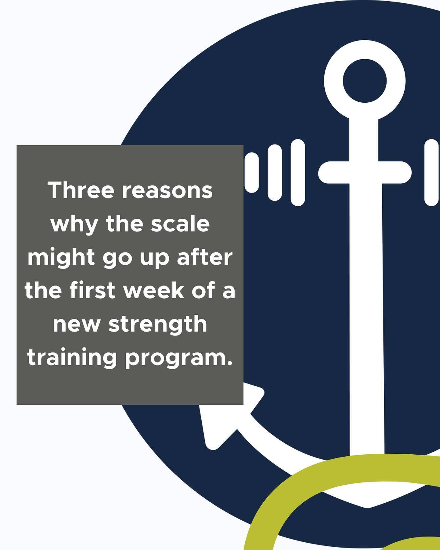 Three reasons why the scale might go up after the first week of a new strength training program.

Strength training causes muscle damage, and small micro-tears to the muscle fibers, which can lead to inflammation. Our body’s first response to heal, repair and get stronger, is for our muscles to retain water.

Overtraining and not allowing your body to recover. If you are jumping into a new program and are not adapted to a higher training volume, that can cause excessive stress on your body.

Dehydration. When we exercise we sweat and lose water through exhalation. When we are dehydrated our body HOLDS onto more water. Ensuring you take in enough fluid before, during, and after a workout can help with this.

Top tips to help with when experiencing post-workout inflammation/weight gain:

* Manage stress (outside of training) as best as possible.
* Aim for 7 hours of good quality sleep.
* Stay hydrated (not being thirsty is not a sign of hydration).
* Adequately fed! (Protein and carbs are your friends)
* TAKE THE REST DAYS!

Find this post helpful?
Like. Save. Share.