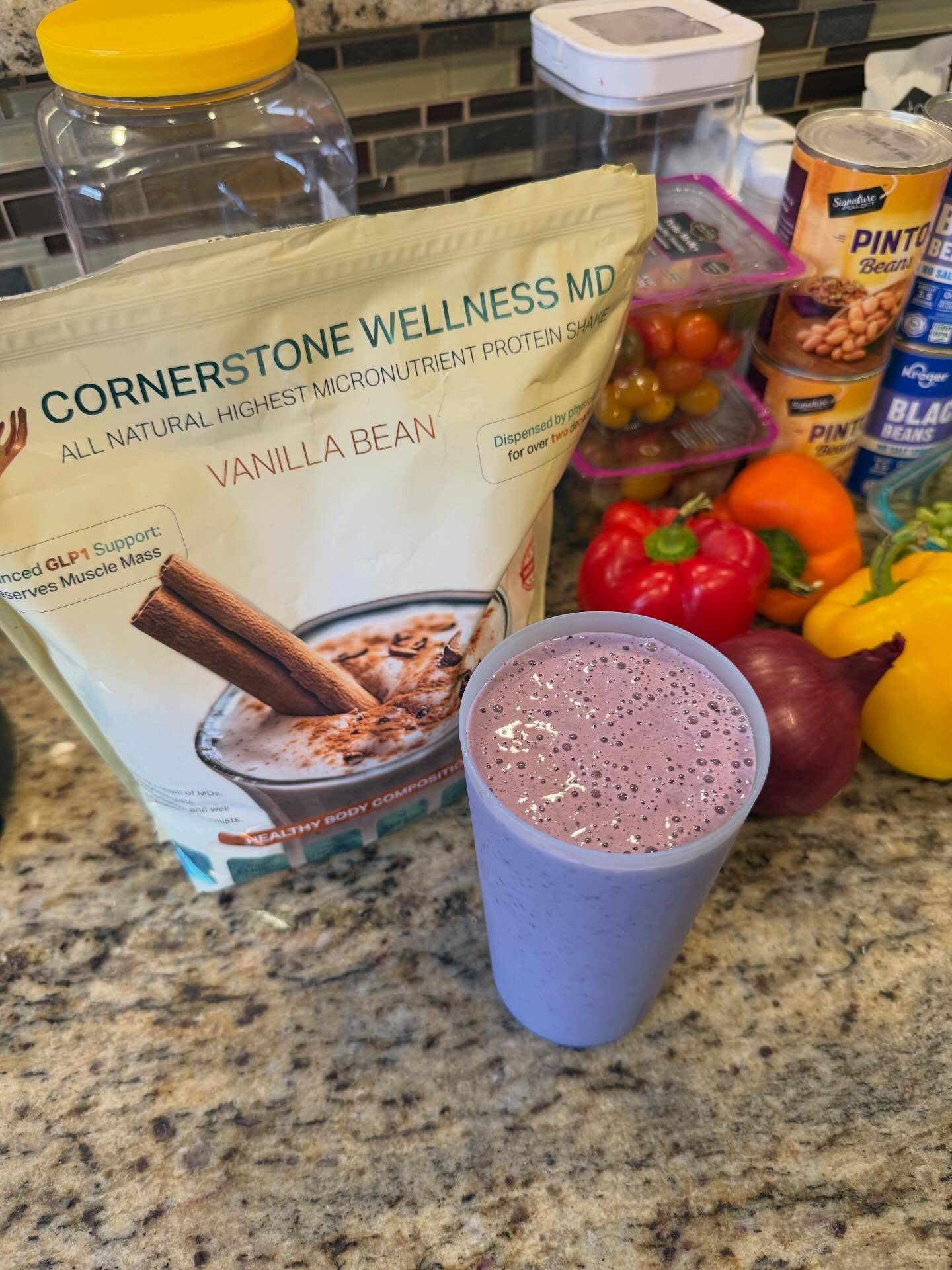 Snack and meal prep for Sunday.

This might be my new favorite flavor combo 😋 

- 2 scoops @cornerstonewellnessmd Vanilla
- 10oz 2%milk (what was in the fridge)
- 5 slices of frozen peach (yes, I counted. I don’t use ice so wanted to make sure shake wasn’t too thick)
- small handful of frozen mango chunks
- small handful of frozen blueberries 

BLENDED and ENJOYED while making a “cowboy caviar” style bean salad for lunch tomorrow.  Hopefully making a big enough batch that it will double as meal prep for the week. 

Shakes are great option when you have a lot to do and feel like sitting down to eat is impossible.  No skipping food! No skipping fueling yourself.  No matter what type of health and fitness journey you are on, you still need to eat enough - reminding myself just as much as you 🩵