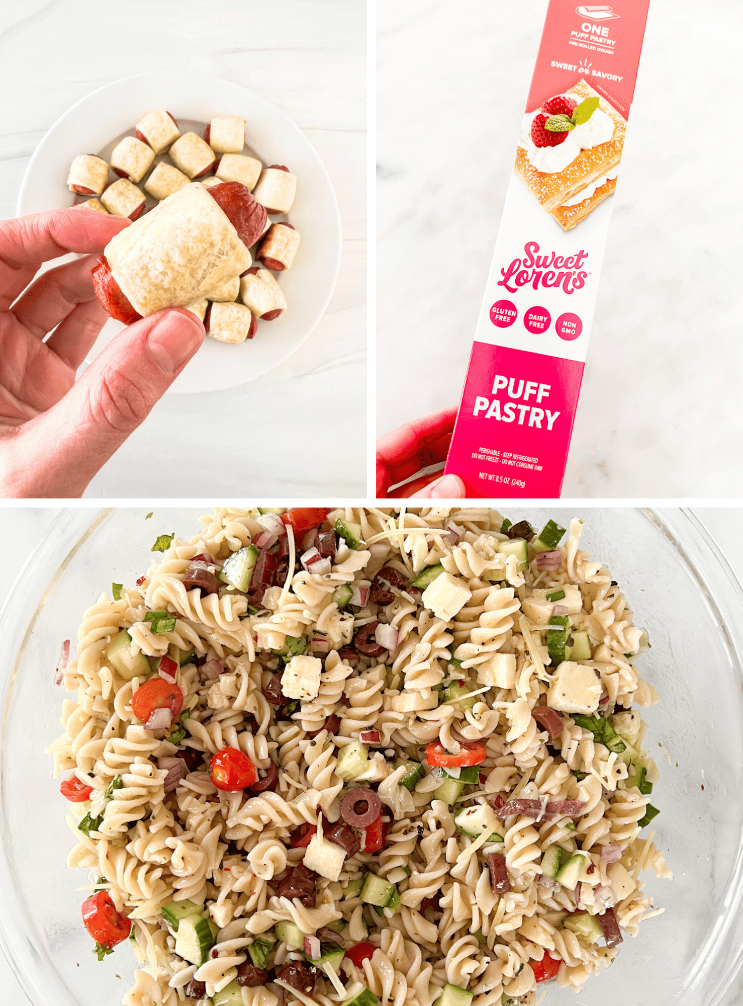 pasta salad and pigs in blanket and sweet lorens puff pastry