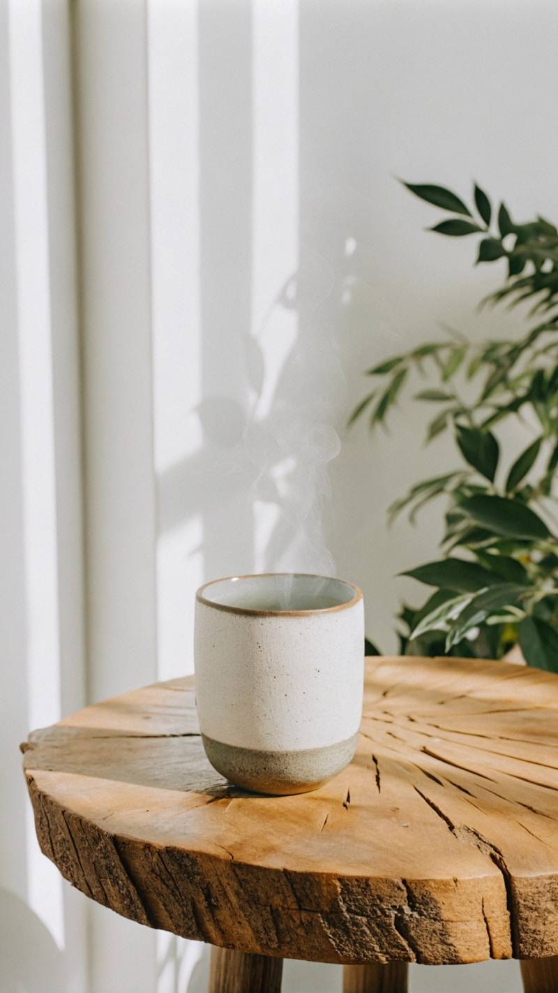 A white cup sitting on top of a wooden table