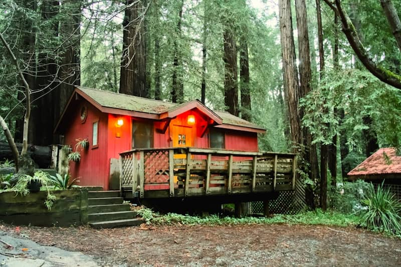 Small red cabin nestled among tall redwood trees.