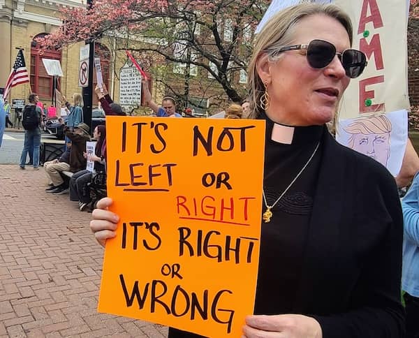 Rev. Gusti Newquist at rally in Charles Town