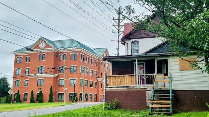 APUS clock building (left) in Charles Town and vacant building (right) in Ranson