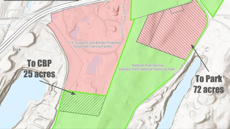 map of land swap between national park and customs and border protection in harpers ferry