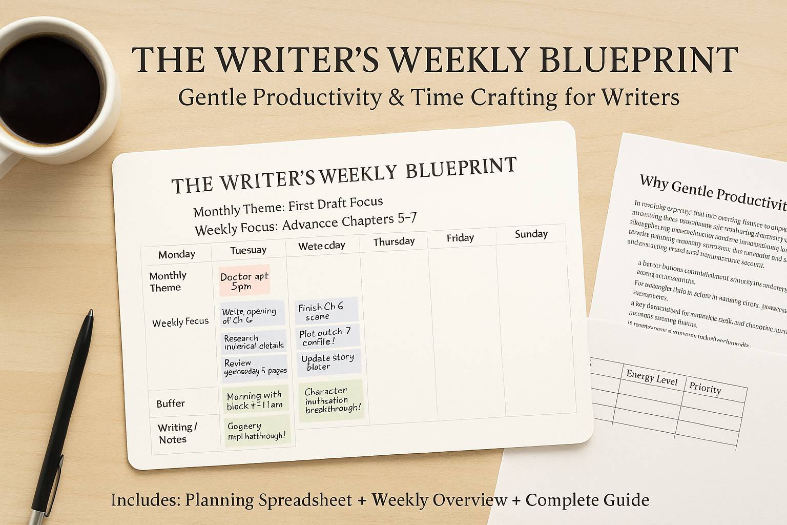 Angled weekly planner page on a light wood desk. The page shows color-coded sections: pale red for non-negotiables, pale blue for MITs, pale green for buffer time, pale yellow for quick add-ins, and pale lavender for notes. Sample entries include 'Doctor apt 3pm,' 'Write opening of Ch 6,' and 'Character motivation breakthrough!' In the top-right corner, a cropped page of the guide is visible with the heading 'Why Gentle Productivity & Time Crafting?' and below it, a partial spreadsheet with headers 'Energy Level' and 'Priority' is shown. A white coffee cup with steam is in the top-left corner and a black pen rests diagonally at the bottom-left. At the top center, the words 'The Writer’s Weekly Blueprint' and 'Gentle Productivity & Time Crafting for Writers' are printed, and at the bottom, text reads 'Includes: Planning Spreadsheet + Weekly Overview + Complete Guide.'