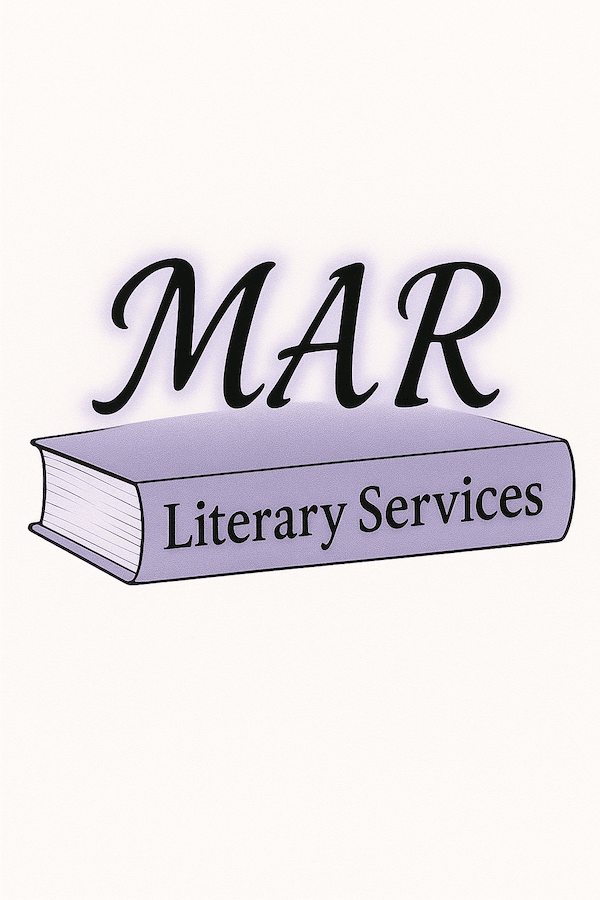 Cursive letters M A R in black font on top of a lavender book whose spine reads Literary Services.