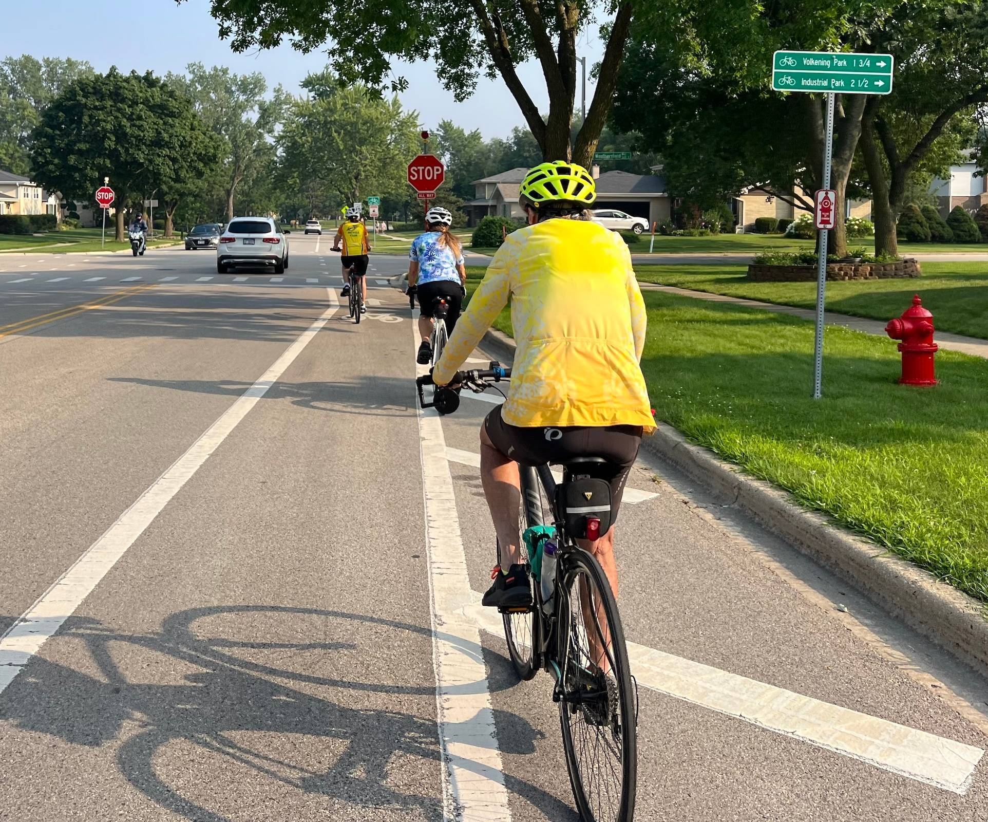 A line of bicyclists ride on a suburban street with a bike lane.