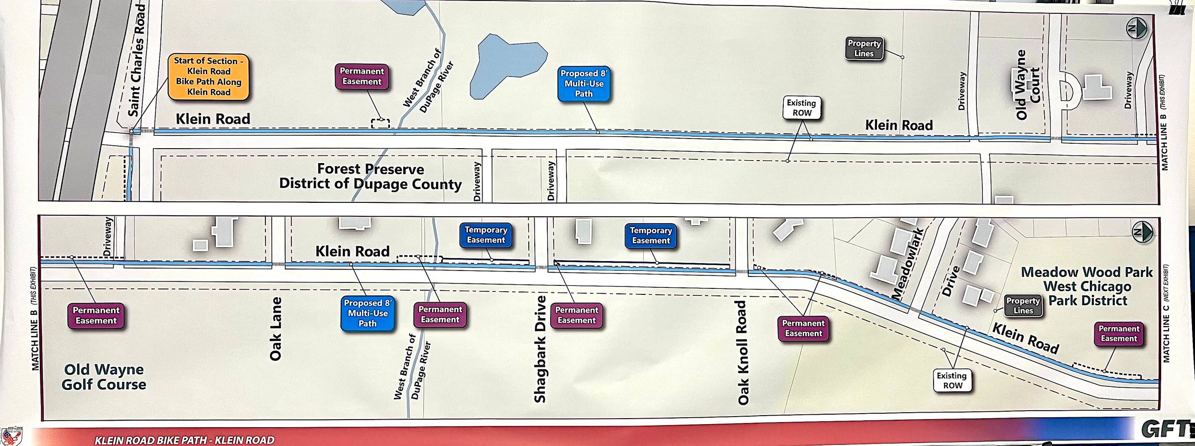 Map of Klein Road off-road bike path designs in DuPage County, Illinois.