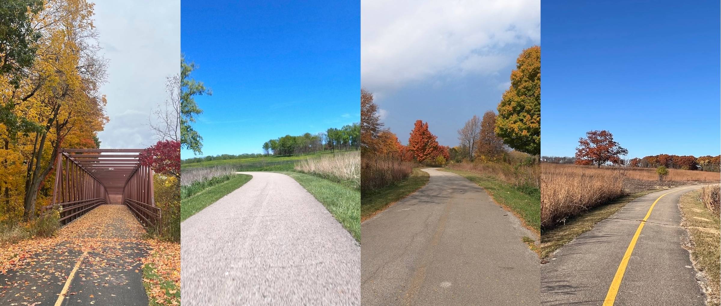 A vertical montage of four forest preserve bike trails