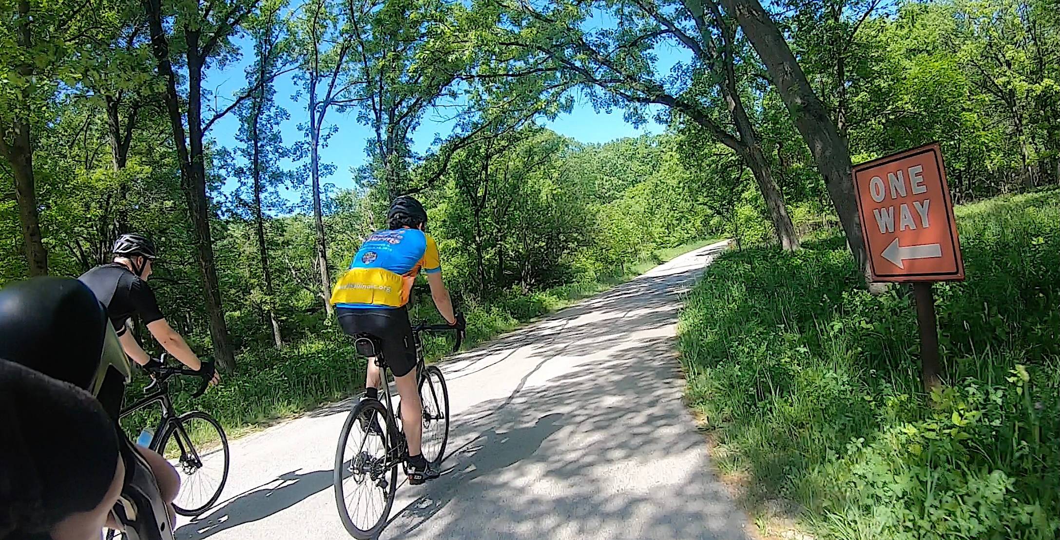 Two cyclists ride a thin paved road through a forest.