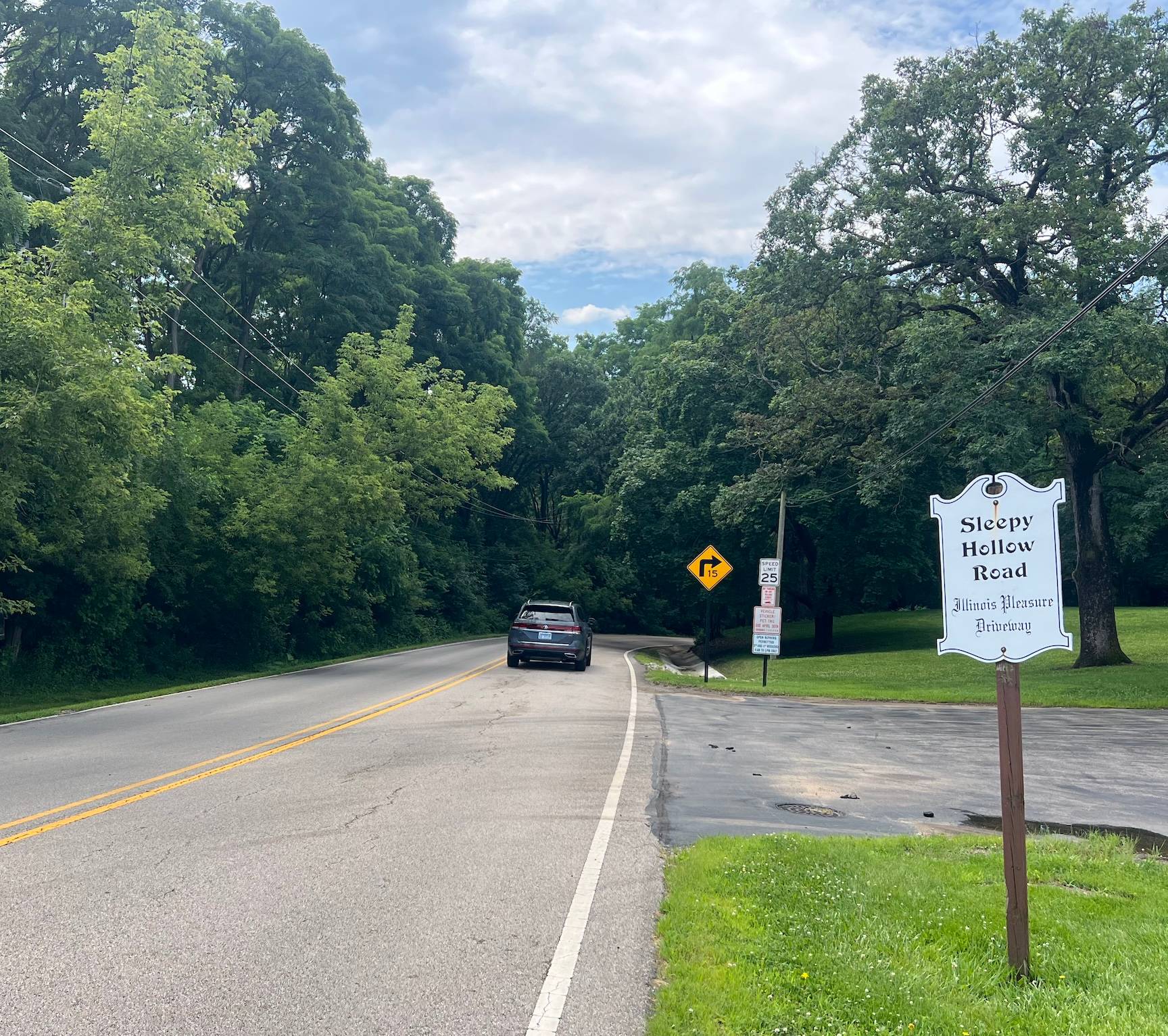 A tree-lined two-lane road before a curve, with an old-fashioned-looking "Sleepy Hollow Road, Illinois Pleasure Driveway" sign