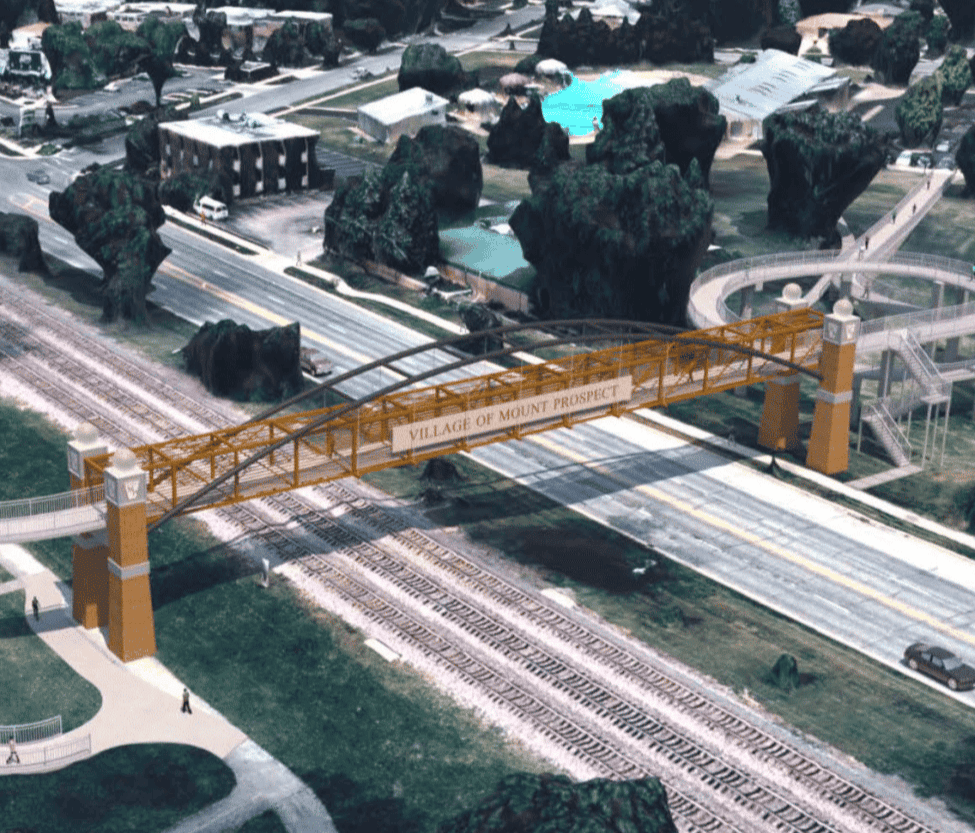 A rendering shows a bike-pedestrian bridge over a wide road and railroad tracks