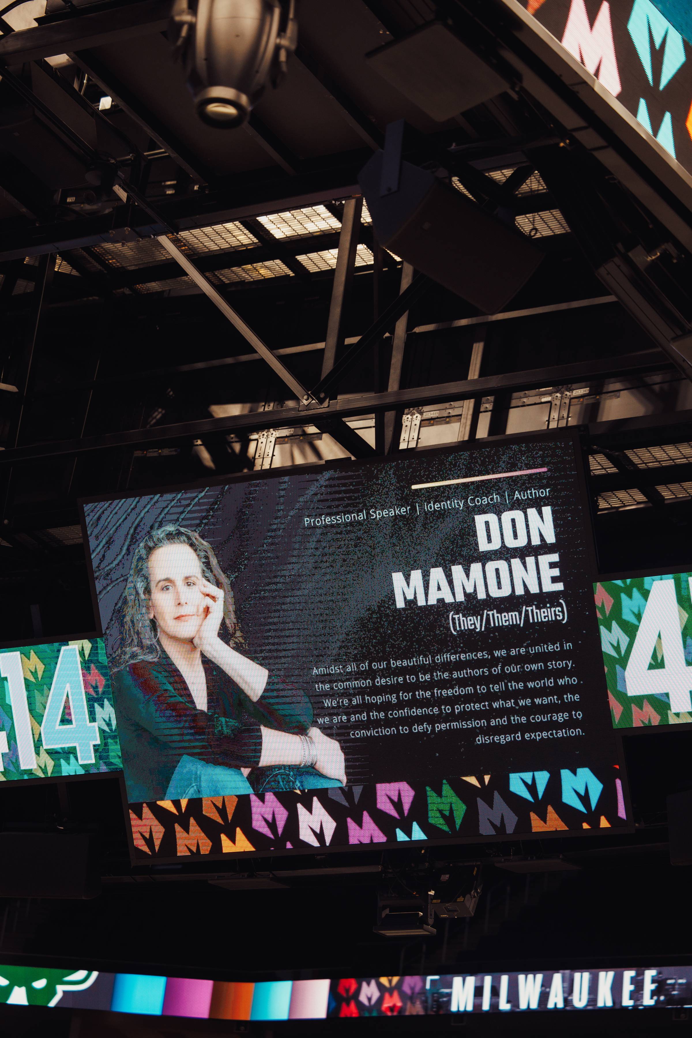 Image of Don Mamone's title slide on the Jumbotron at Fiserv Forum during their presentation to the Milwaukee Bucks