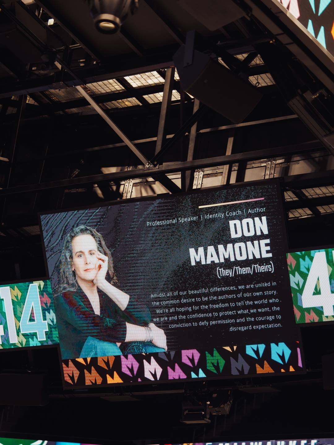 Don Mamone's title slide on the Jumbotron at Fiserv Forum during t presentation h to the Milwaukee Bucks