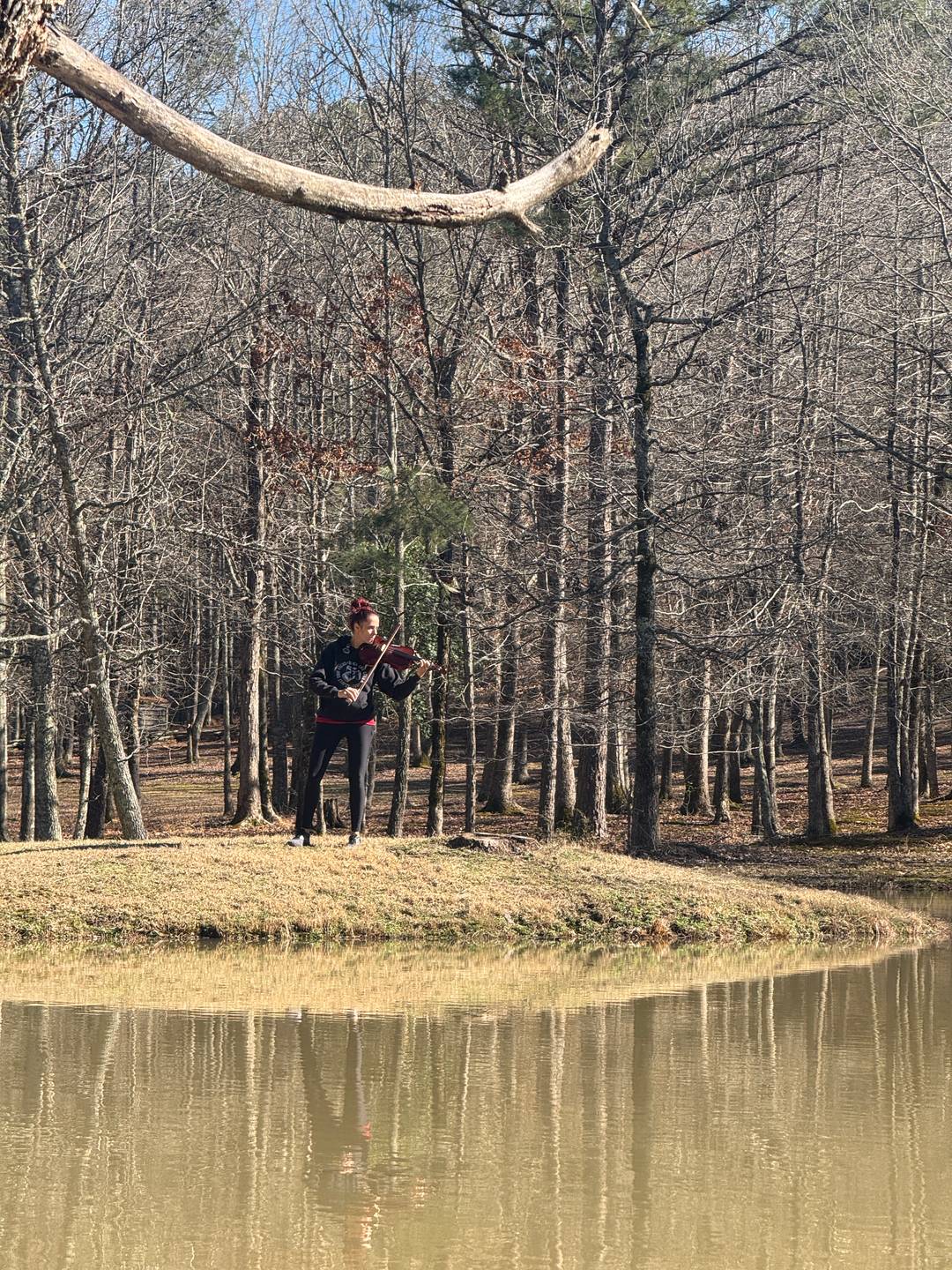 emily mamone playing her viola in the ozark mountains in Oklahoma