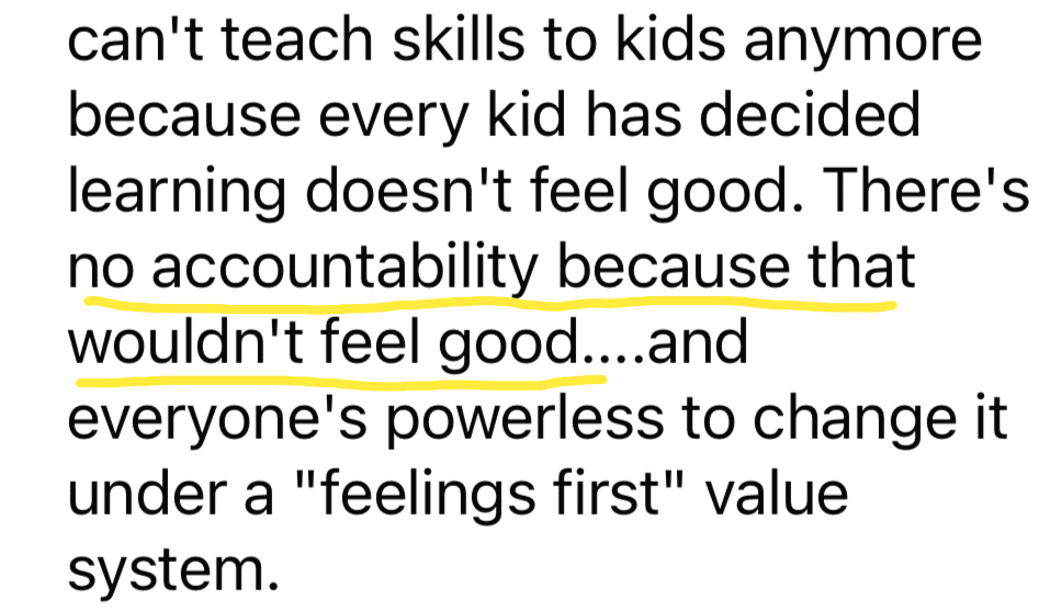 Screenshot from a comment of someone saying kids can learn and have no accountability because of "feelings first."
