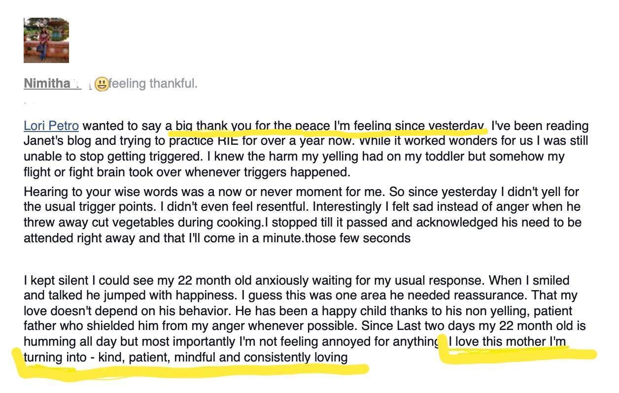 Testimonial: anything. I love this mother I'm turning into - kind, patient, mindful and consistently loving