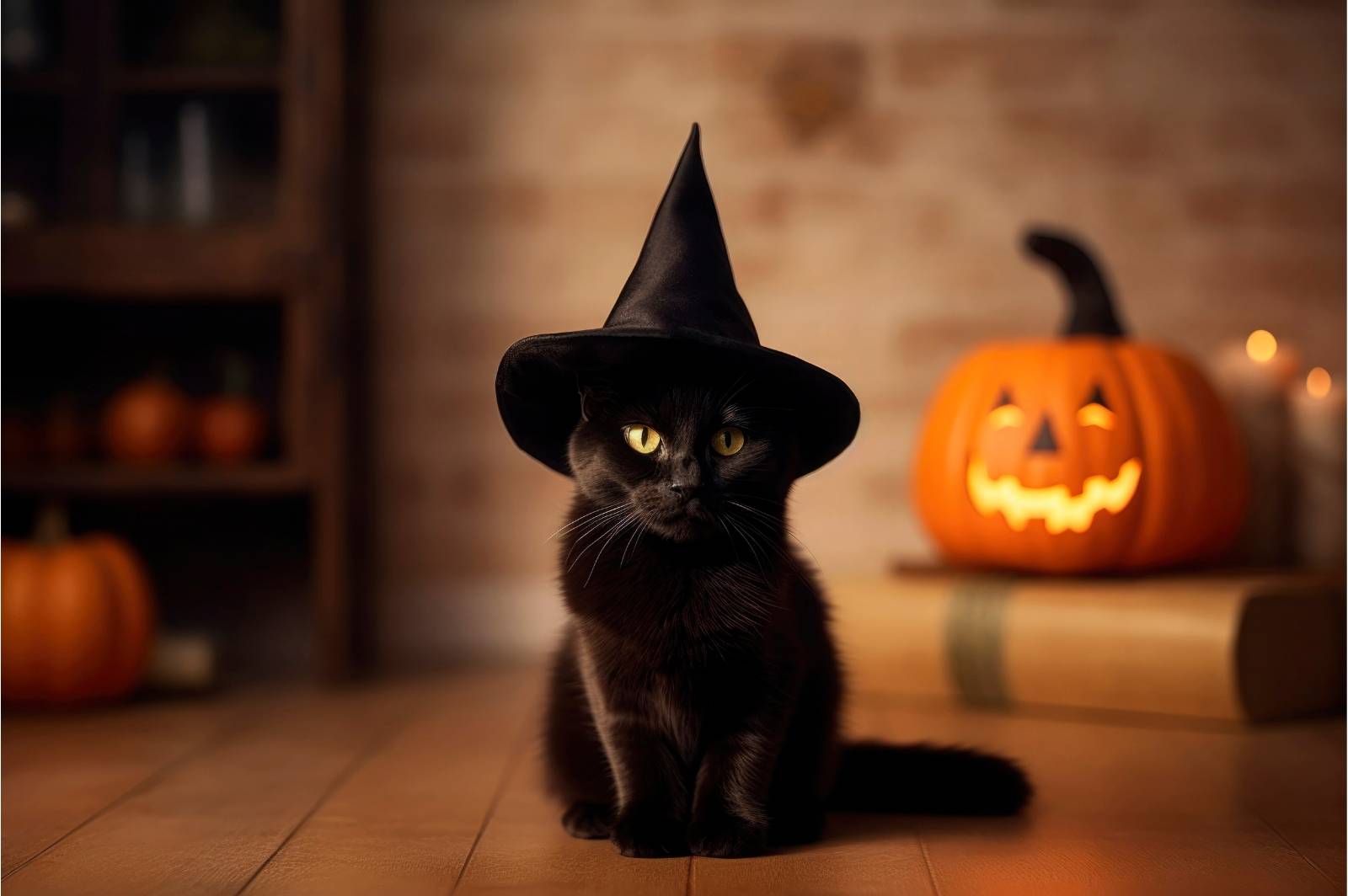 A black cat wearing a witch's hat with Halloween pumpkins in the background.