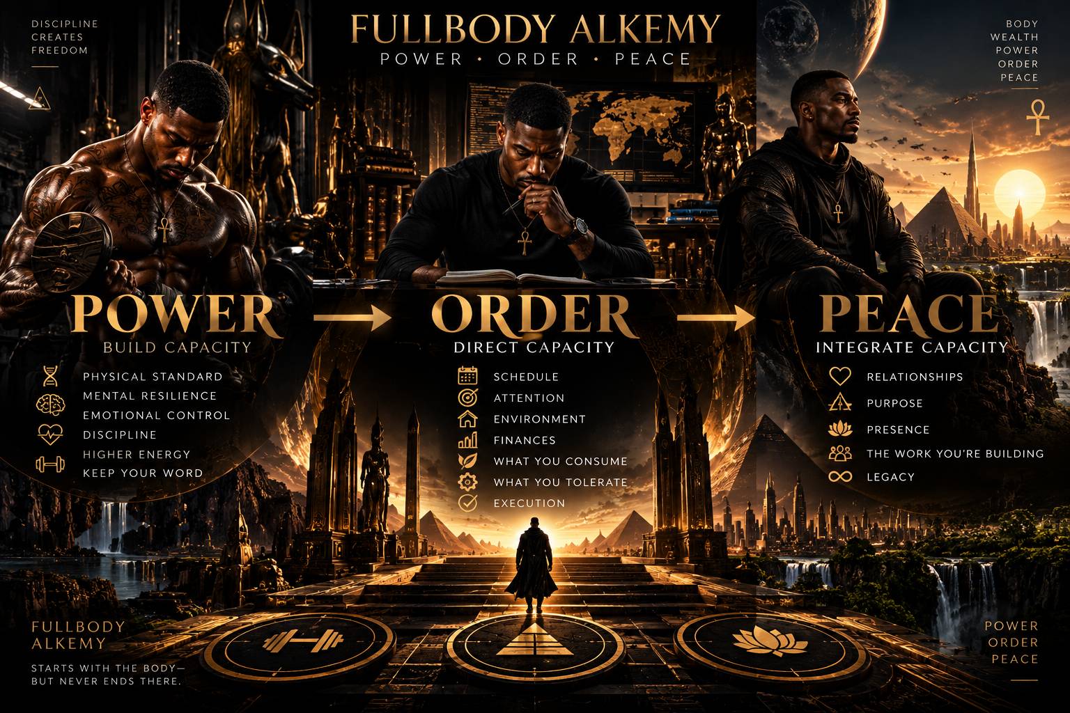 FullBody Alkemy visual illustrating the transformation sequence Power → Order → Peace: building capacity, directing capacity, and integrating capacity.