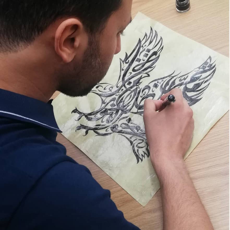 Hatem Arafa and calligraphy artworks from Assassin's Creed Mirage (Ubisoft, 2023)