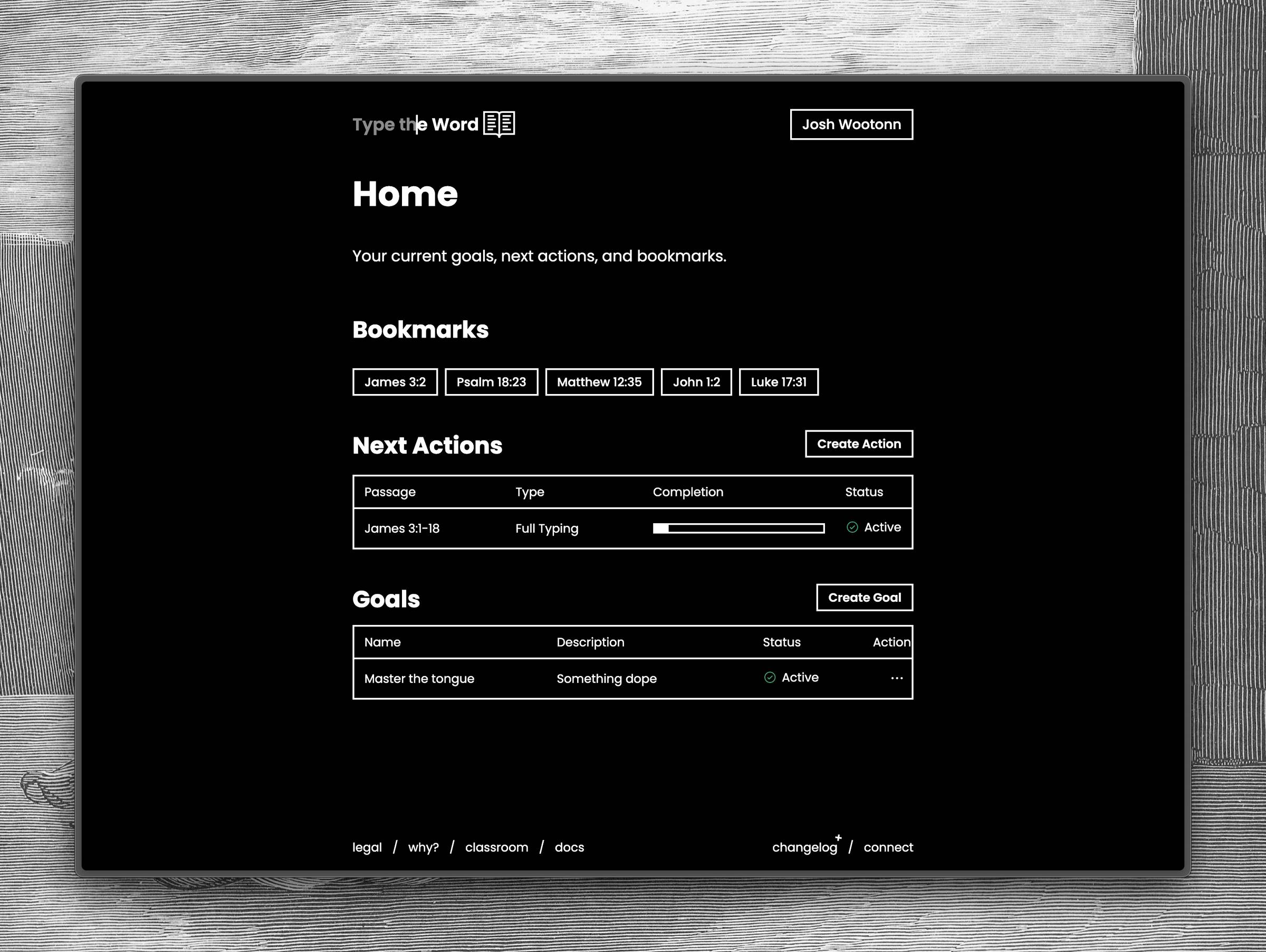 the new home page with bookmarks, next actions, and goals