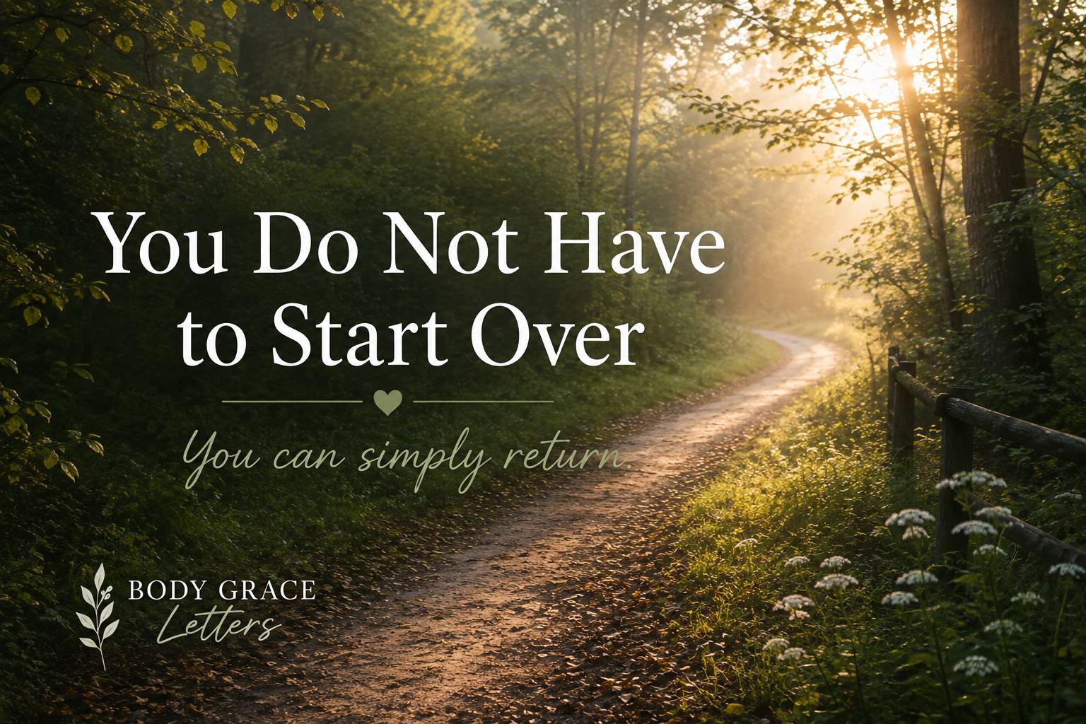 Sunlit woodland path with the words, "You Do Not Have to Start Over." and "You can simply return."