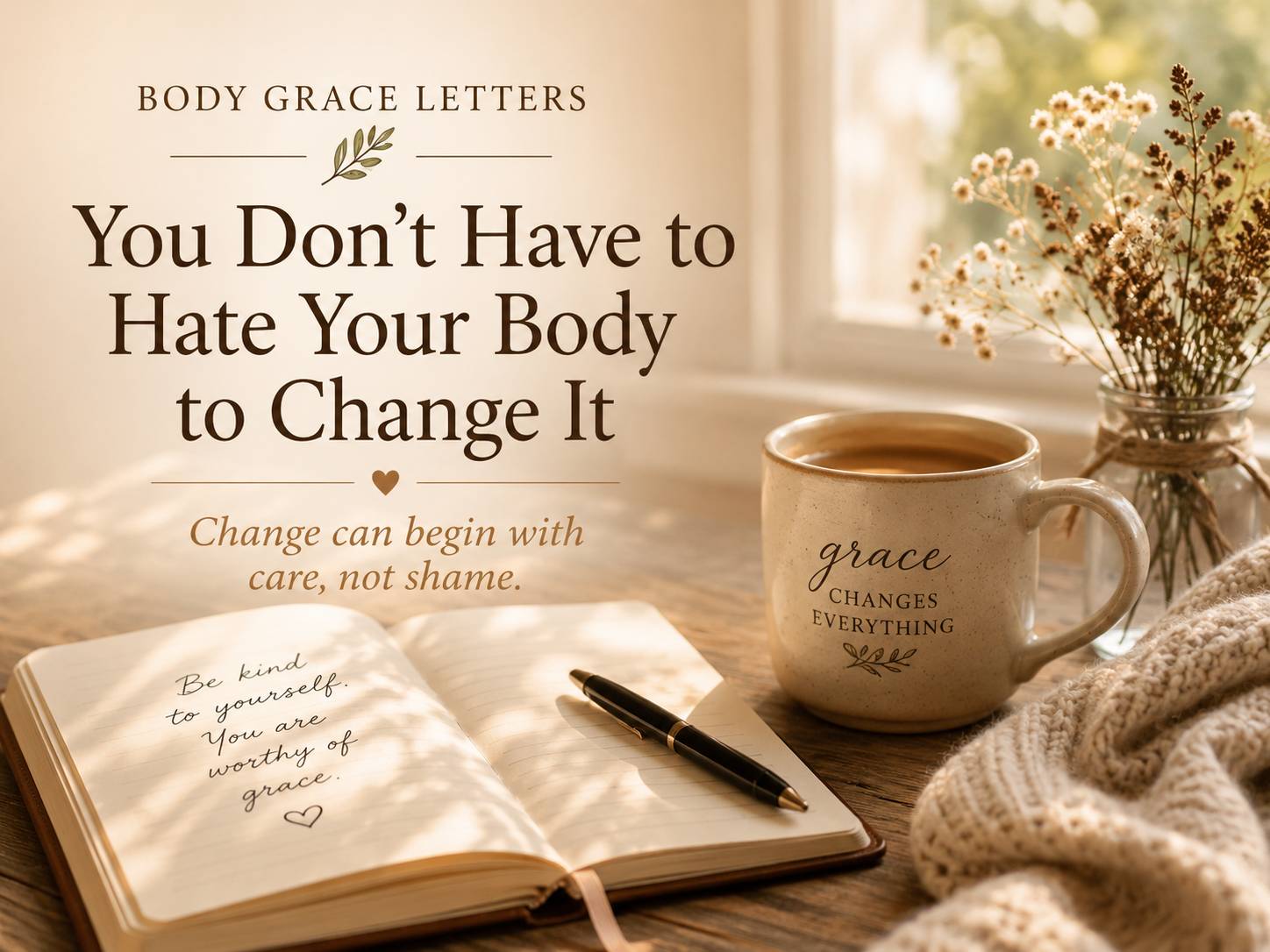 Warm Body Grace Letters graphic featuring a journal and coffee with the words, " You Don't Have to Hate Your Body to Change It" and "Change Can Begin With Care , not shame."