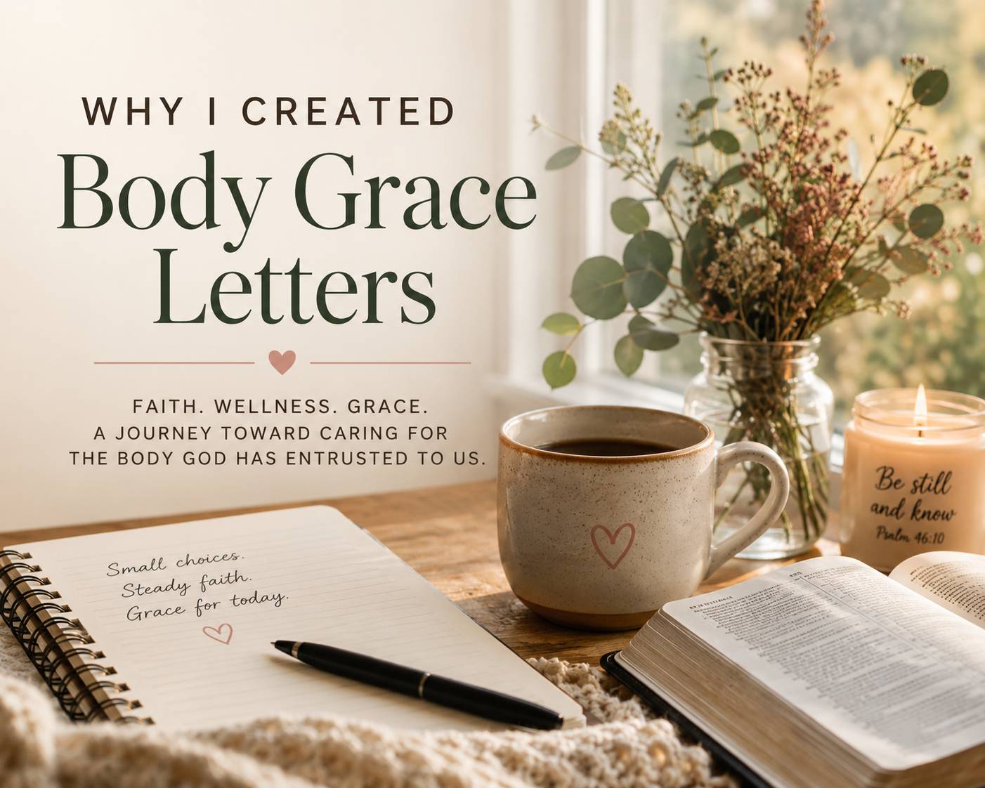 Body Grace Letters journal, Bible, coffee and flowers in a warm, peaceful setting.