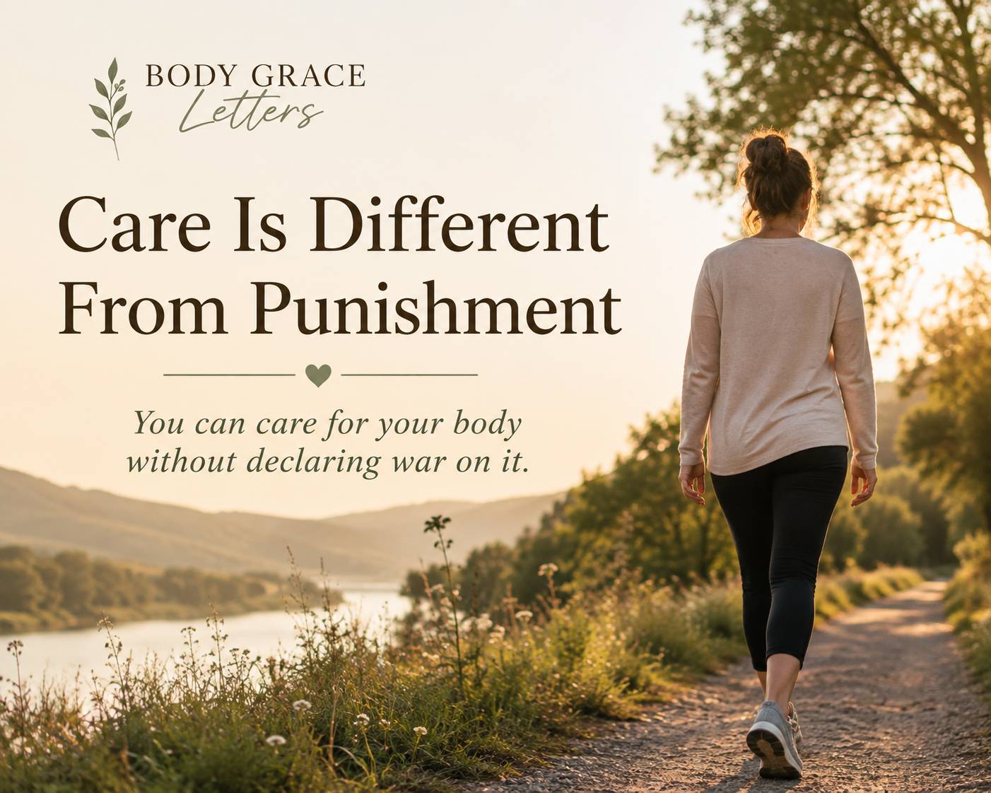 Woman walking peacefully outdoors with the words "Care is Different From Punishment." and "You can care for your body without declaring war on it."