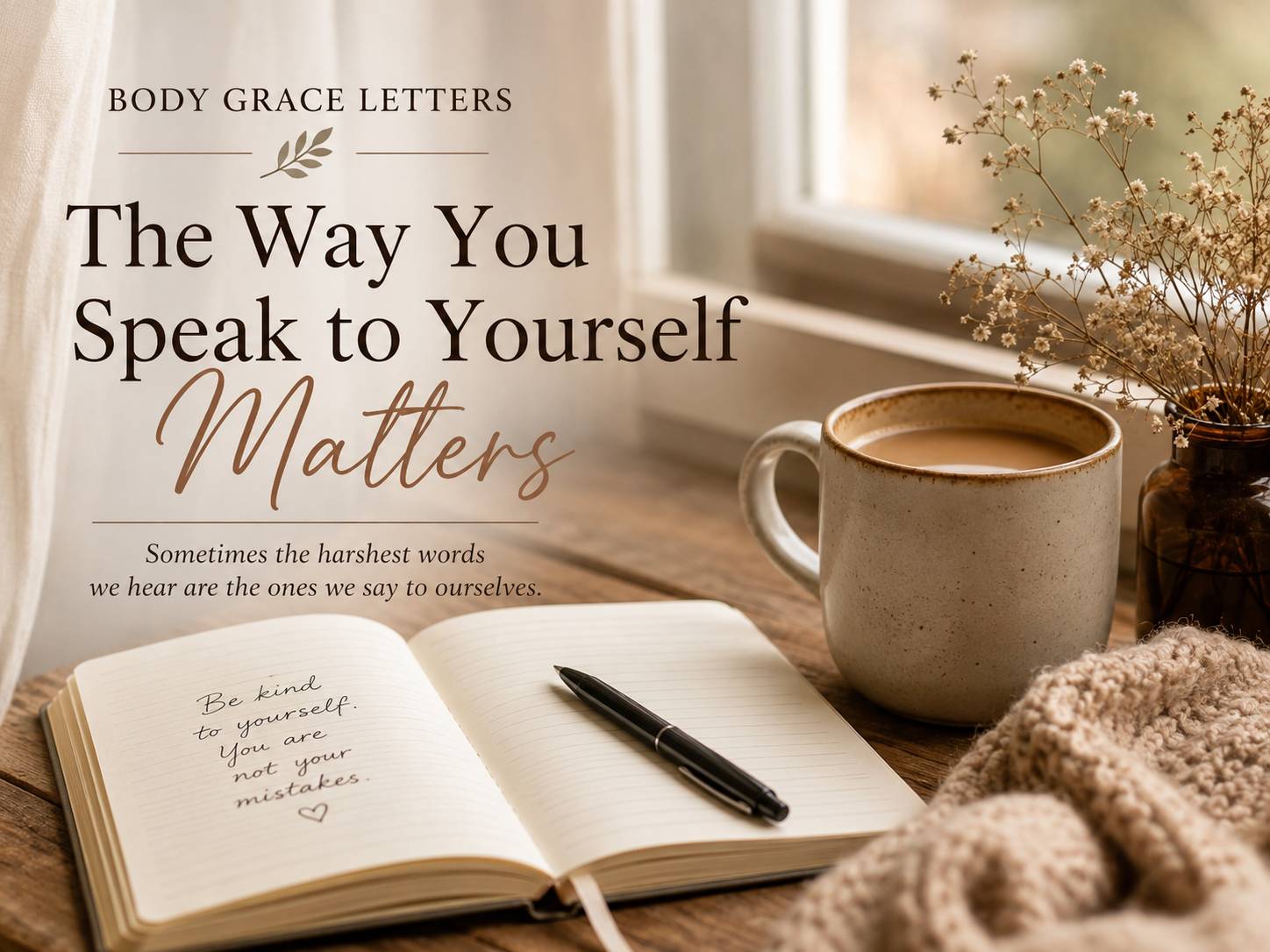 Warm Body Grace Letters graphic featuring a journal and coffee with the words "The Way You Speak to Yourself Matters."