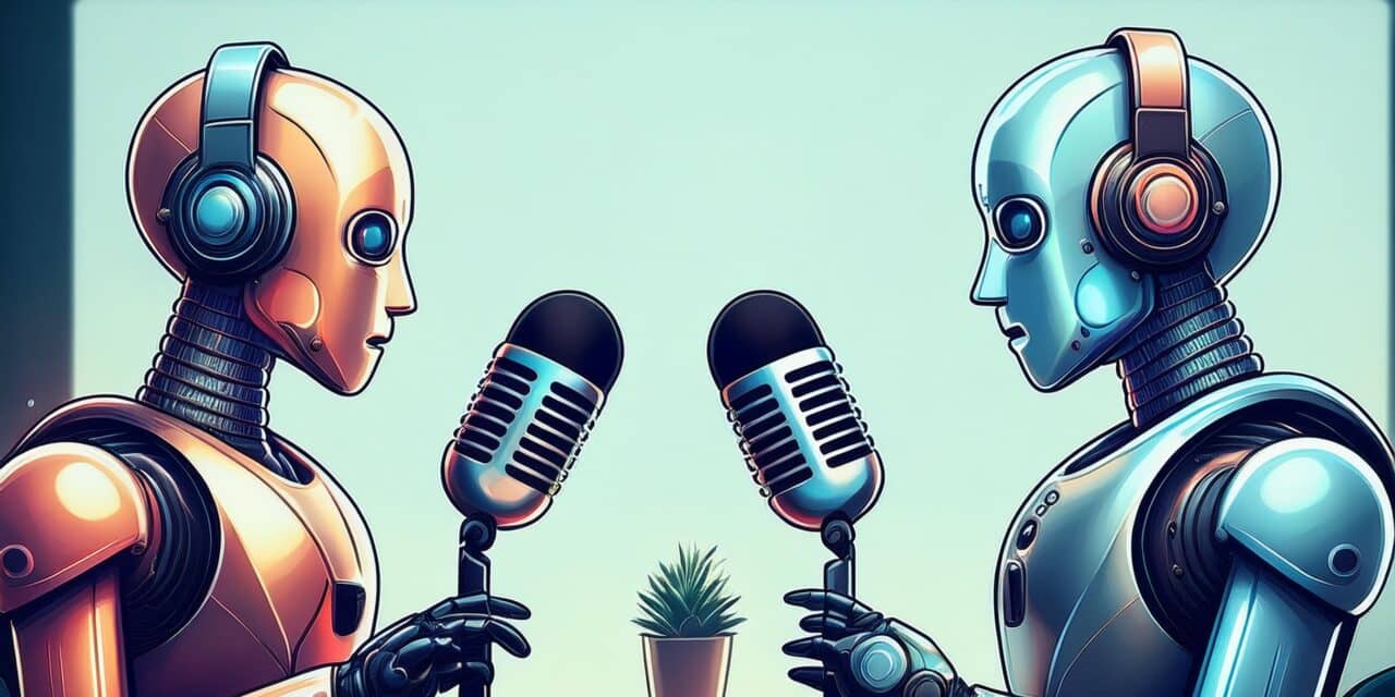 two robots hosting a podcast