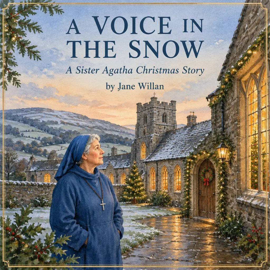 A Voice in the Snow: A Sister Agatha Christmas Story by Jane Willan. A watercolor of Sister Agatha in her blue habit outside a snowy stone abbey hung with holly and lights.
