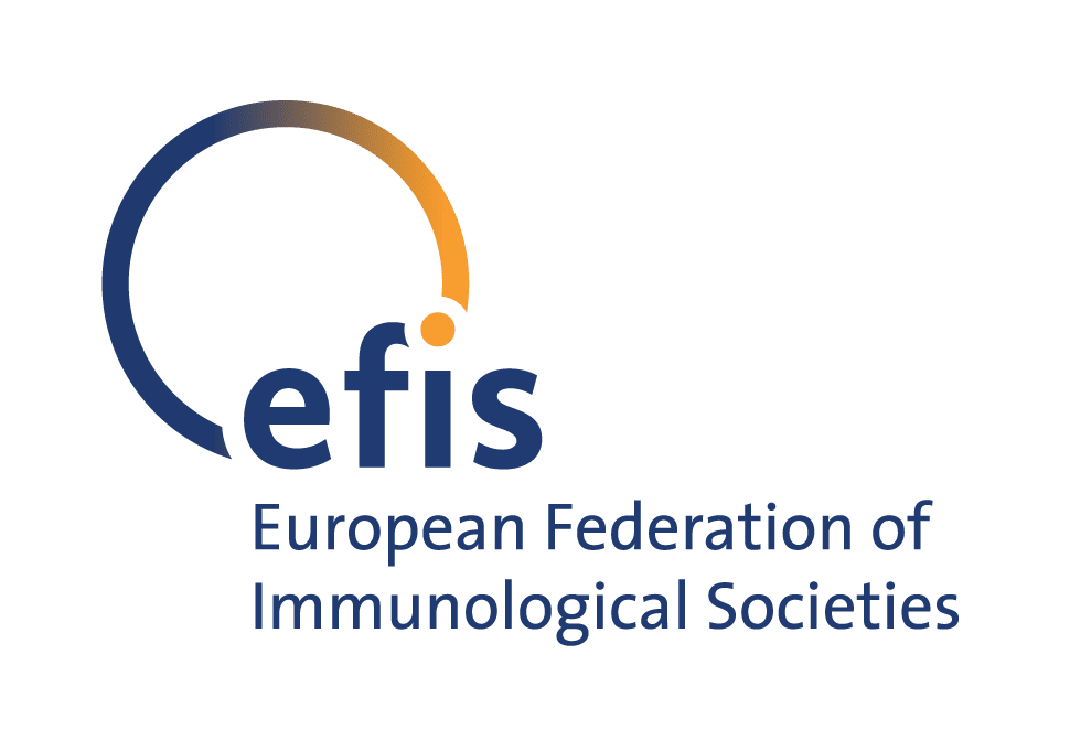 The image is a logo for the European Federation of Immunological Societies (EFIS). It features the acronym "efis" in lowercase letters with a semi-circular design above it, transitioning from blue to orange. Below the acronym, the full name "European Federation of Immunological Societies" is written.