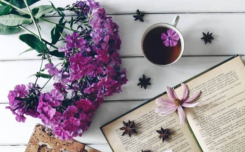 Purple flowers, open book, and tea with note.
