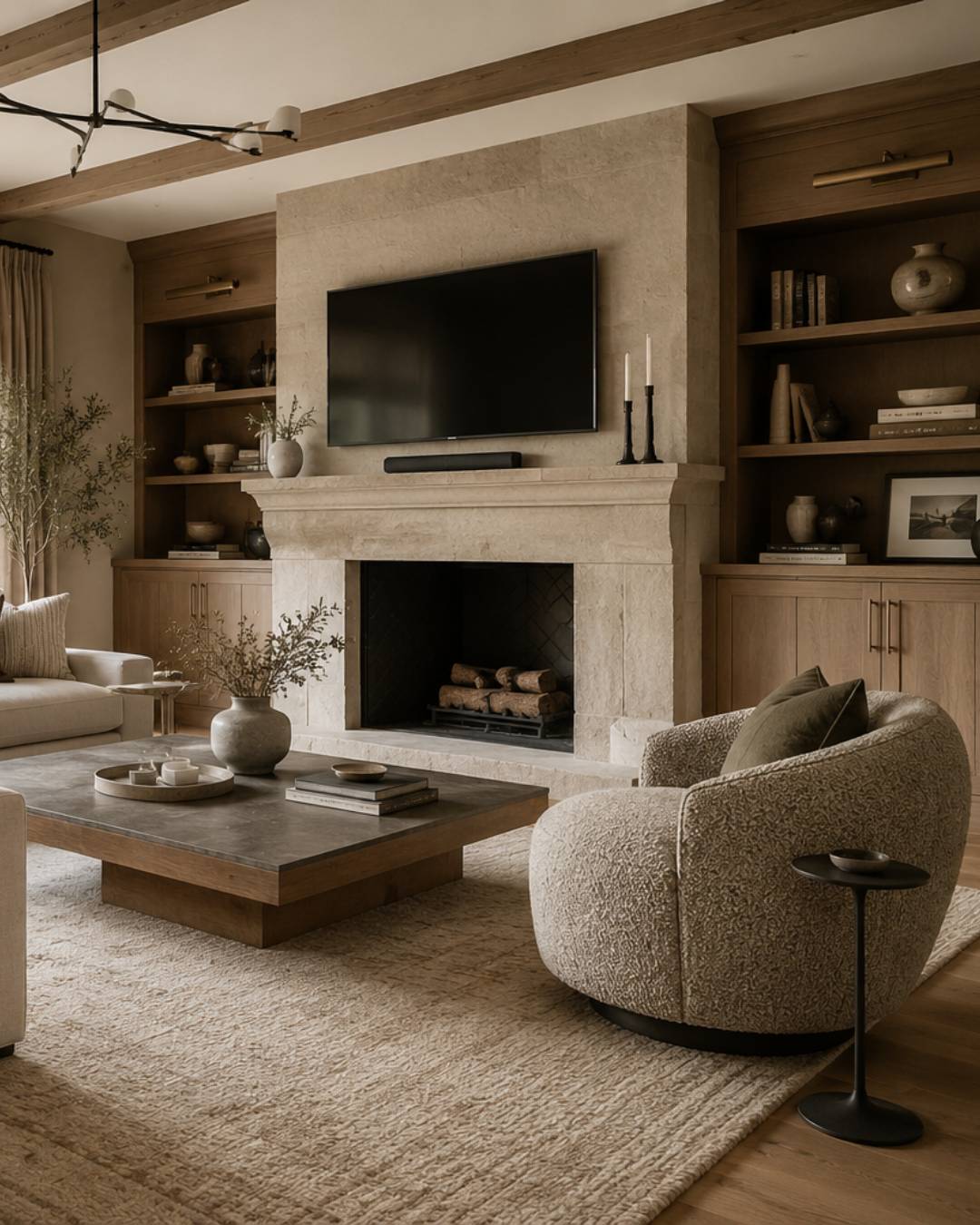 A warm, neutral living room with a lit fireplace, built-in shelving, a wood coffee table, and rounded upholstered chairs.