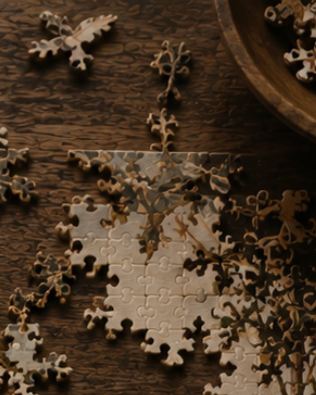 Overhead view of wooden puzzle pieces assembled on a dark wood background.