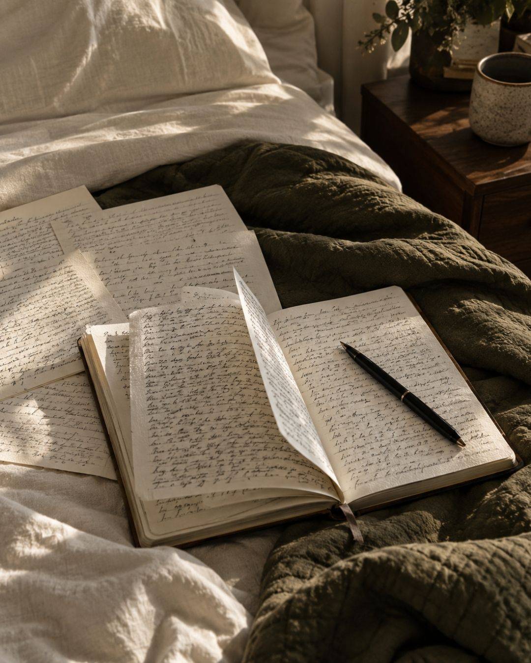 Open journal and handwritten pages on a bed with olive green bedding, warm sunlight, and a pen, reflecting a quiet moment of personal reflection.