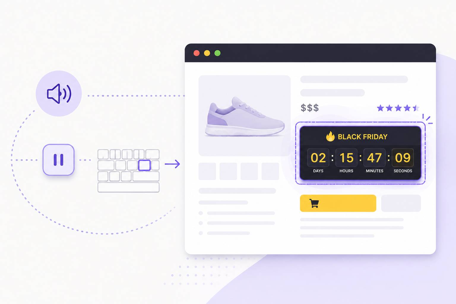 Example product page with a Black Friday countdown timer next to the price, alongside icons for sound, pause and keyboard.