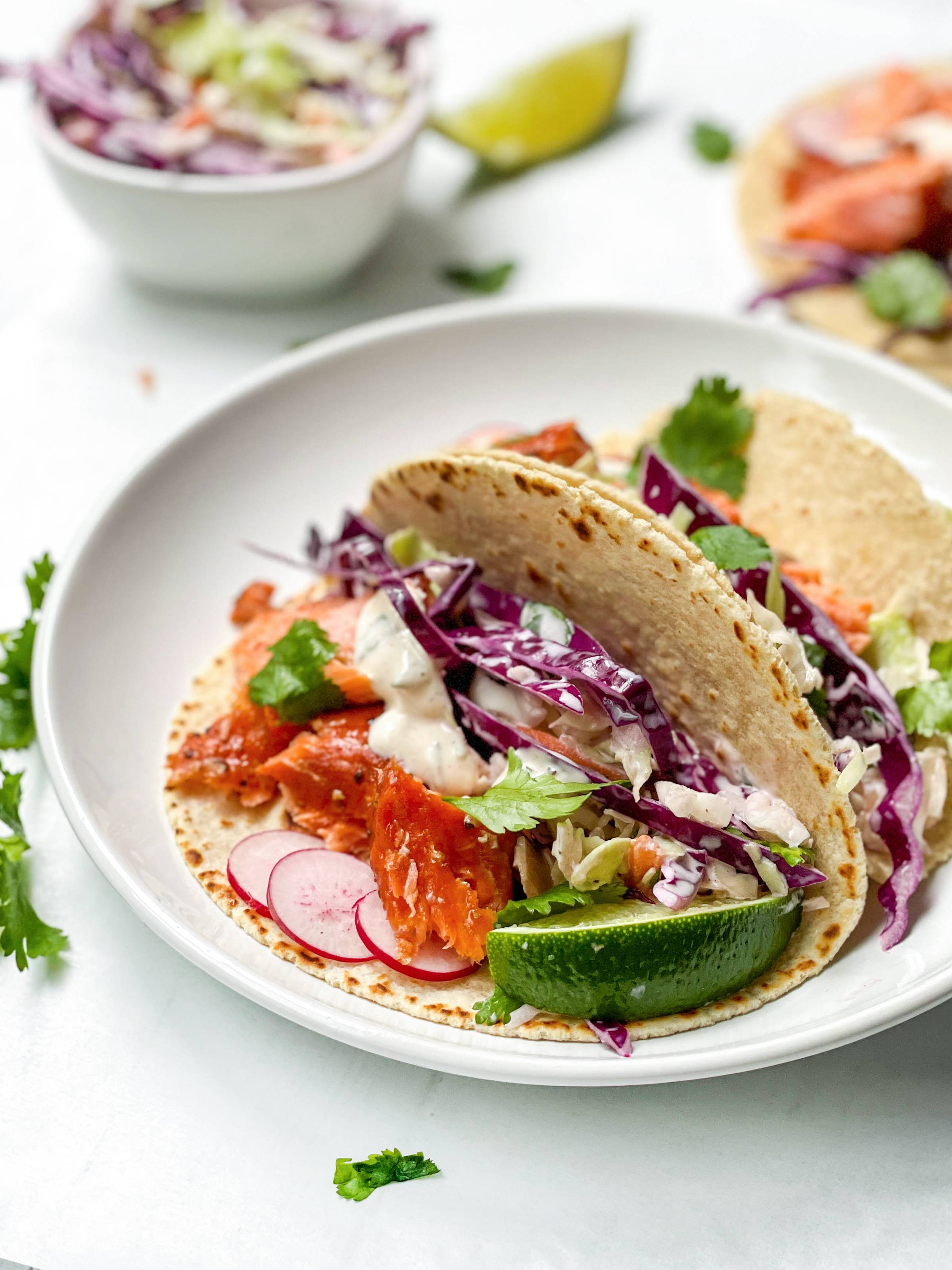 Plate of no-cook salmon tacos