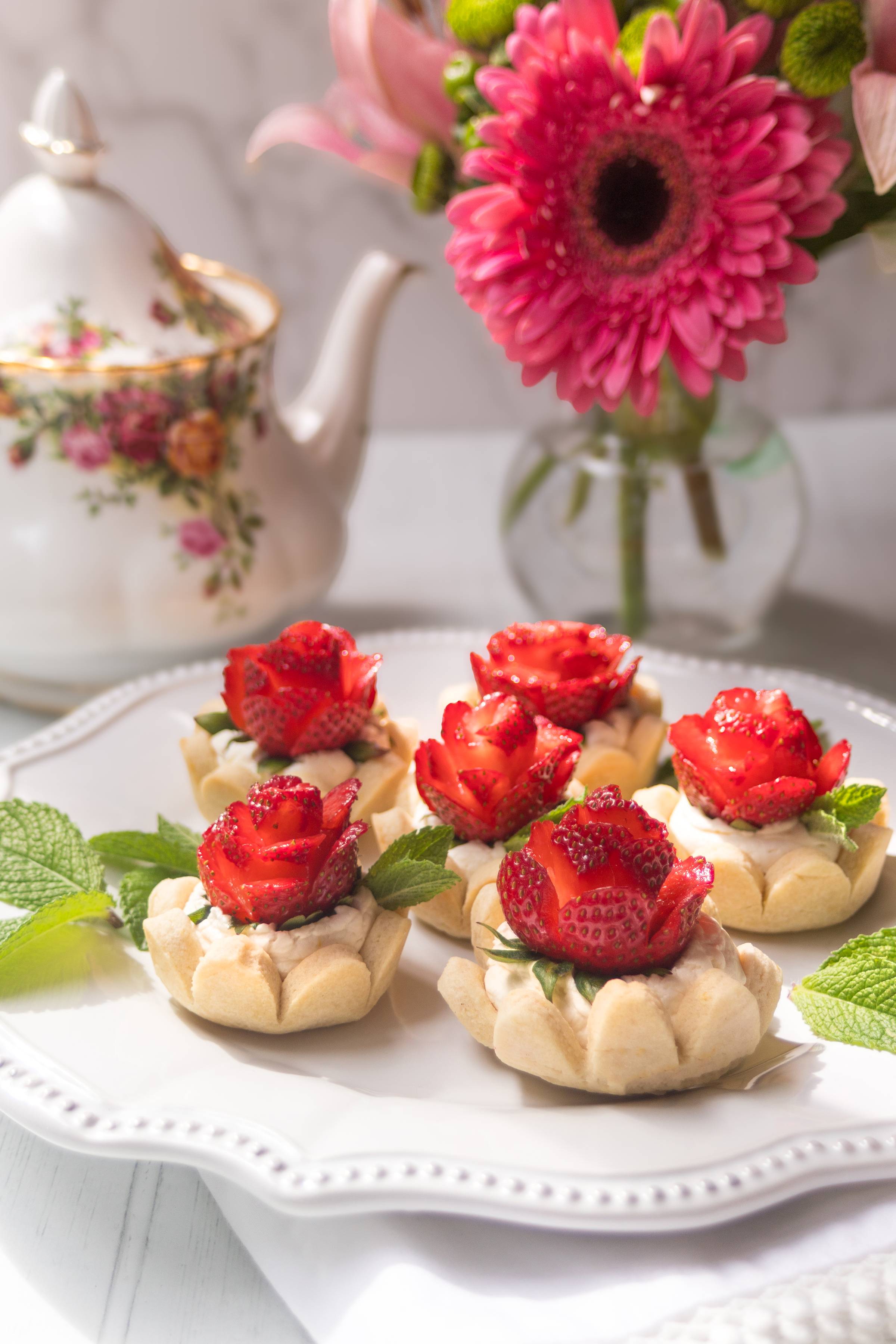 Strawberry Rose Tarts with Shortbread Crusts
