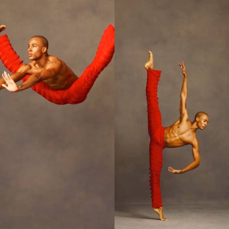 This image is of an Alvin Ailey dancer who is wearing red pants and is not wearing a shirt and has a 6 pack and very muscular arms. One one side he's jumping in the air with his legs completely spread, and the other side of the picture he's balancing on his toes on one foot while the other leg is directly in line and in the air showing extreme flexibility.