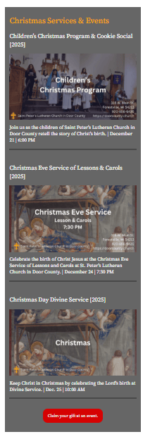 screenshot of christmas services and events for a church