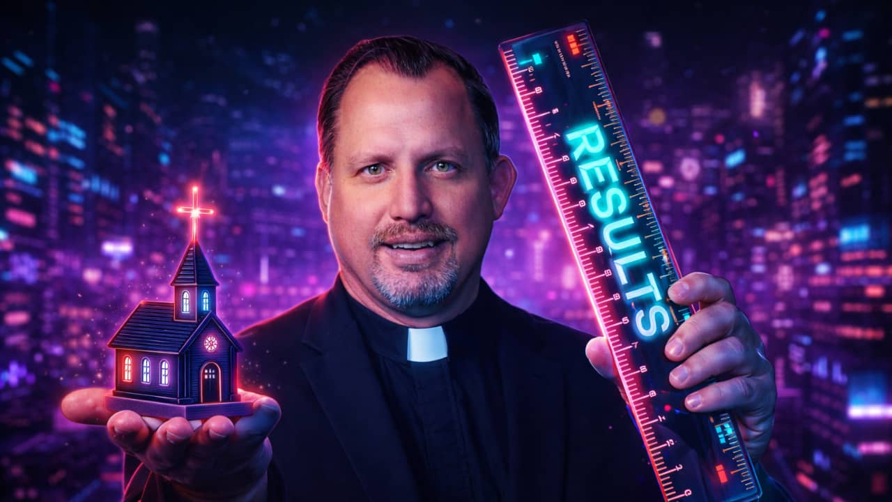 Priest holding a small church and a ruler that says "Results."