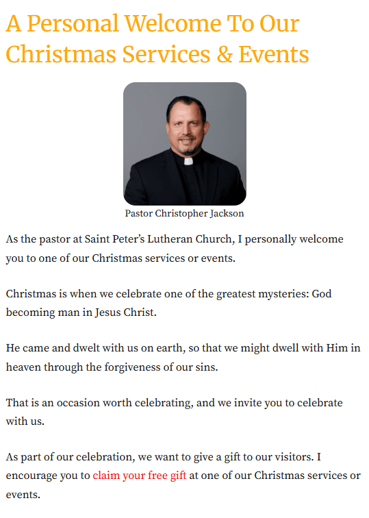 screenshot of a personal welcome by a pastor