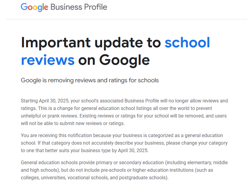 screenshot of announcement regarding removal of school reviews from Google